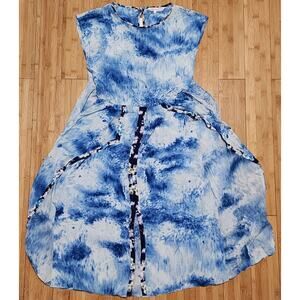 Rebecca Taylor Dress Women 2 Silk Tie Dye Shibori Watercolor Knot Tie Waist Blue
